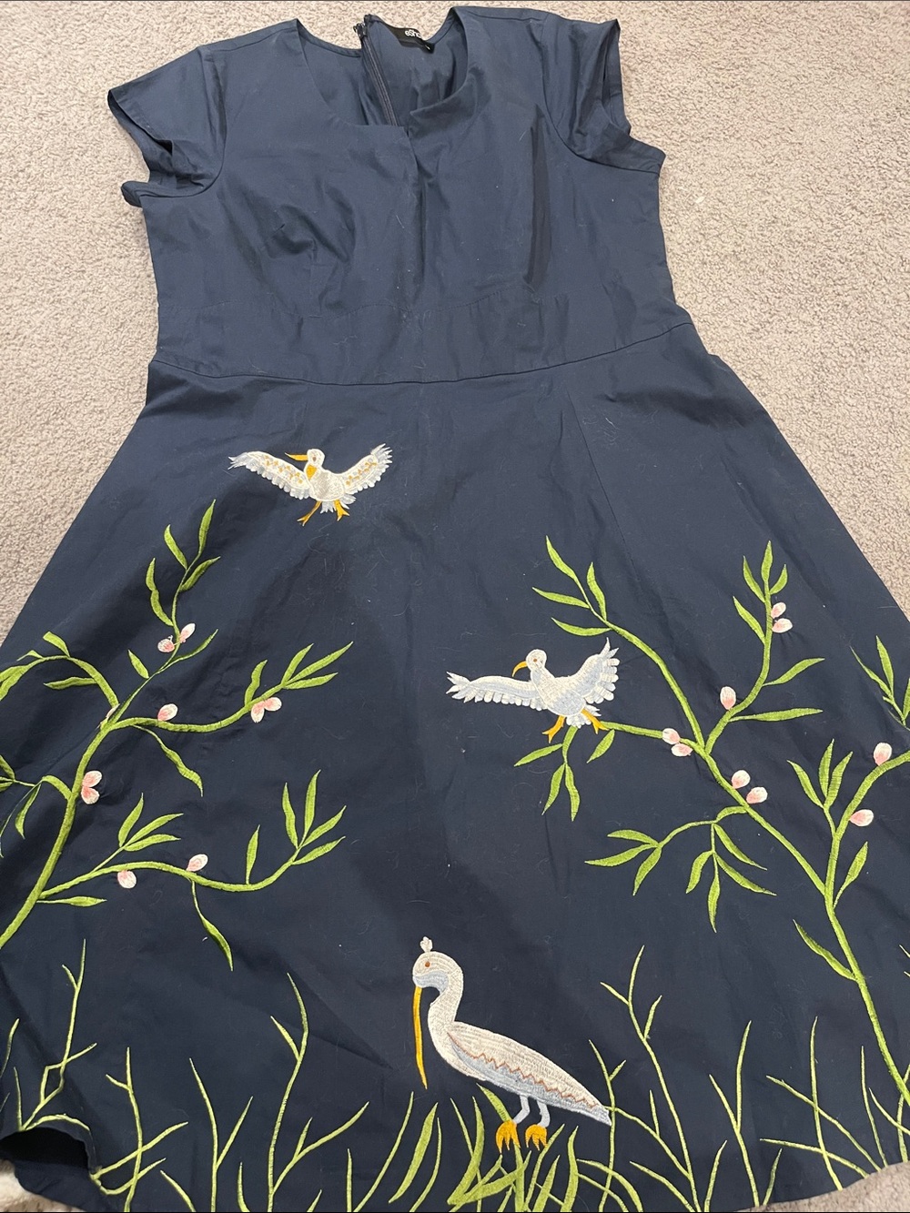 eshakti Navy Blue Midi Dress with Bird & Floral Embroidery